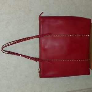 Lacucci Red Leather Studded Shoulder/Tote Bag. Made in Italy.